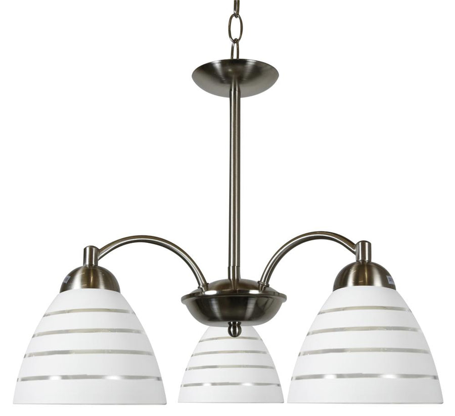 Suspension trois lumières vue de face, verre blanc rayé et finition nickel satiné
