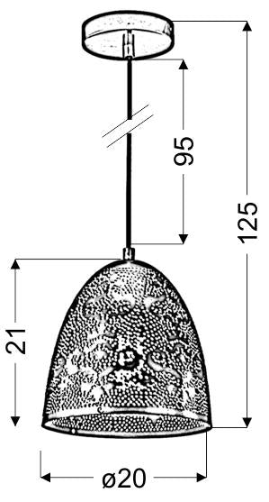 Schéma de dimensions de la suspension : hauteur totale 125 cm, diamètre abat-jour 20 cm