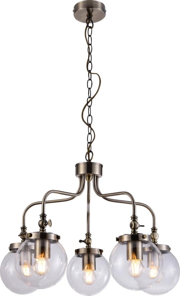 Suspension cinq lumières en laiton vieilli avec globes en verre transparent et chaîne.