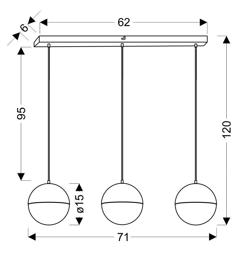 Schéma coté du lustre : largeur 71 cm, hauteur 120 cm et suspension 95 cm