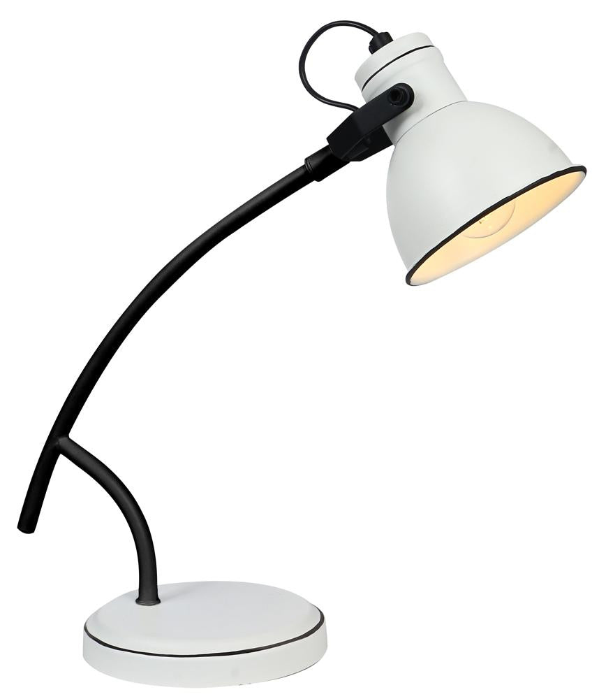 Lampe blanche et noire de profil, abat-jour bombé et bras courbe.