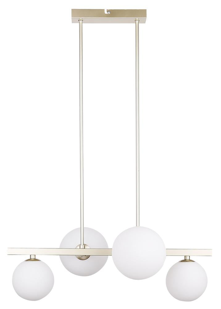 Suspension laiton avec quatre globes de verre blanc, barre horizontale et tiges de fixation.