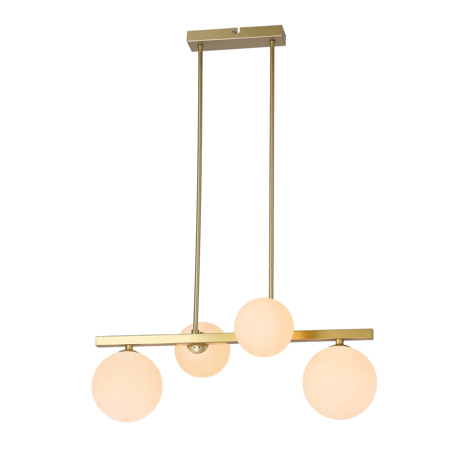 Suspension allumée sur fond blanc, montrant les globes en verre et la finition laiton.
