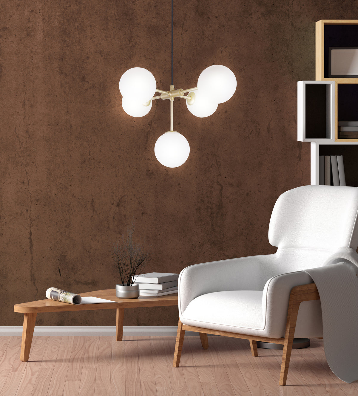Mise en ambiance du luminaire allumé dans un salon, fauteuil blanc et table basse
