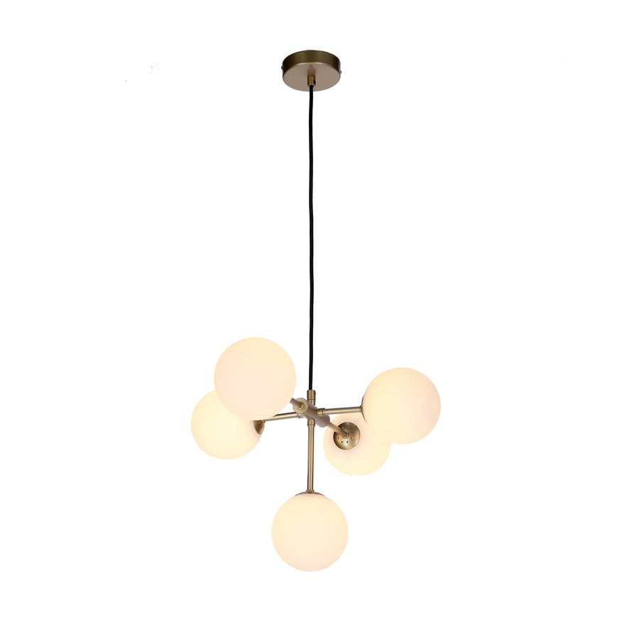 Luminaire allumé de face, globes blancs diffusant une lumière chaude sur fond neutre