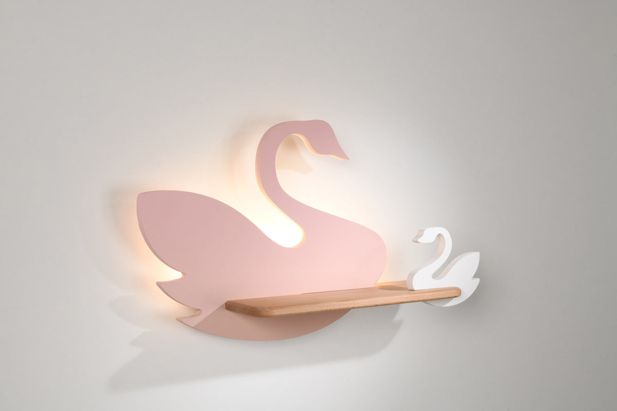 Vue de trois quarts de l'applique cygne rose et petit cygne blanc