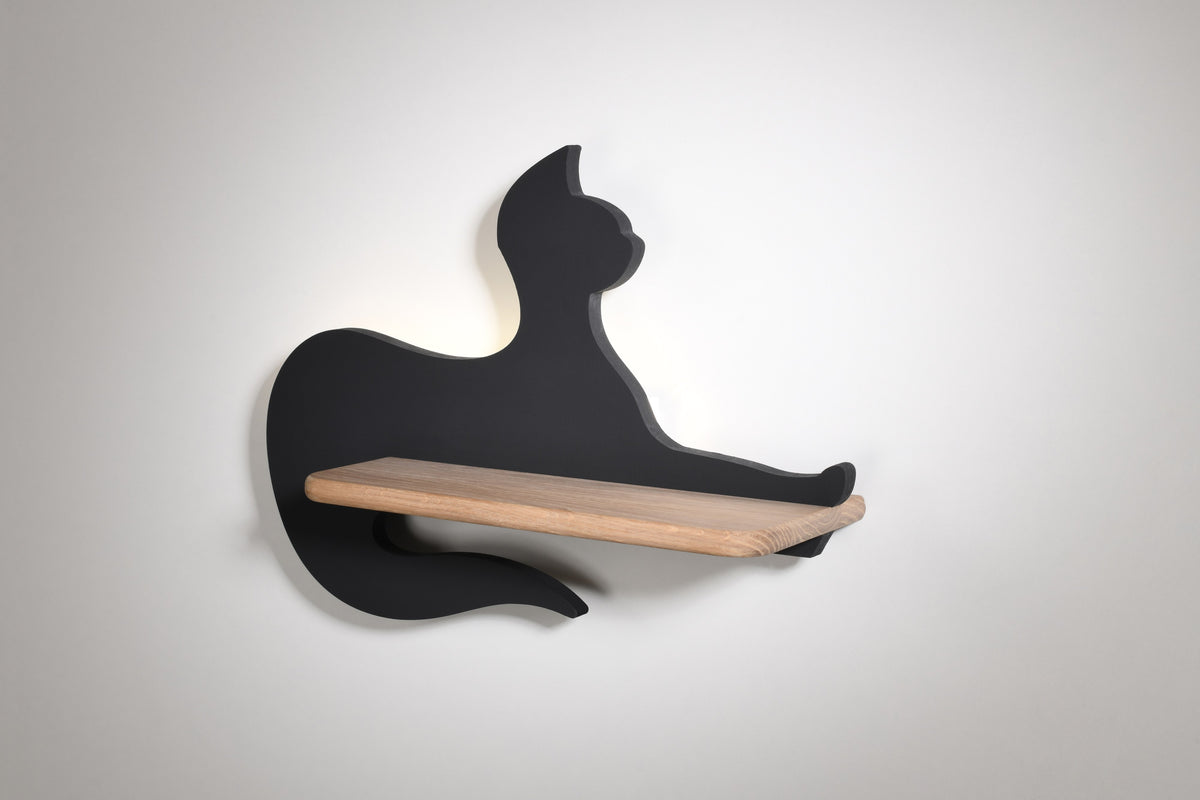 Applique murale LED Cat pour chambre d'enfant noire, bois, L 36,3 cm