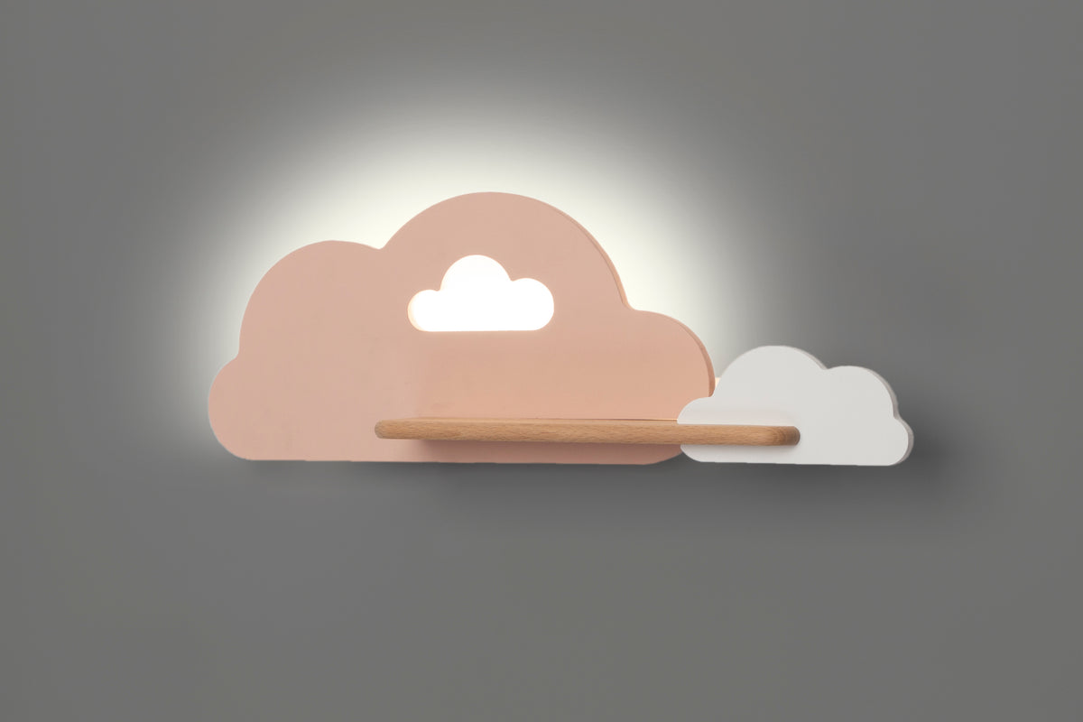 Applique murale LED Cloud pour chambre d'enfant rose et blanche, bois