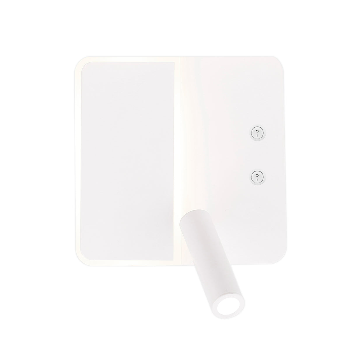 Produit détouré : applique murale LED carrée blanche avec liseuse et deux boutons