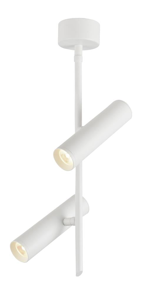 Suspension blanche à deux projecteurs cylindriques orientables, vue de face sur fond neutre