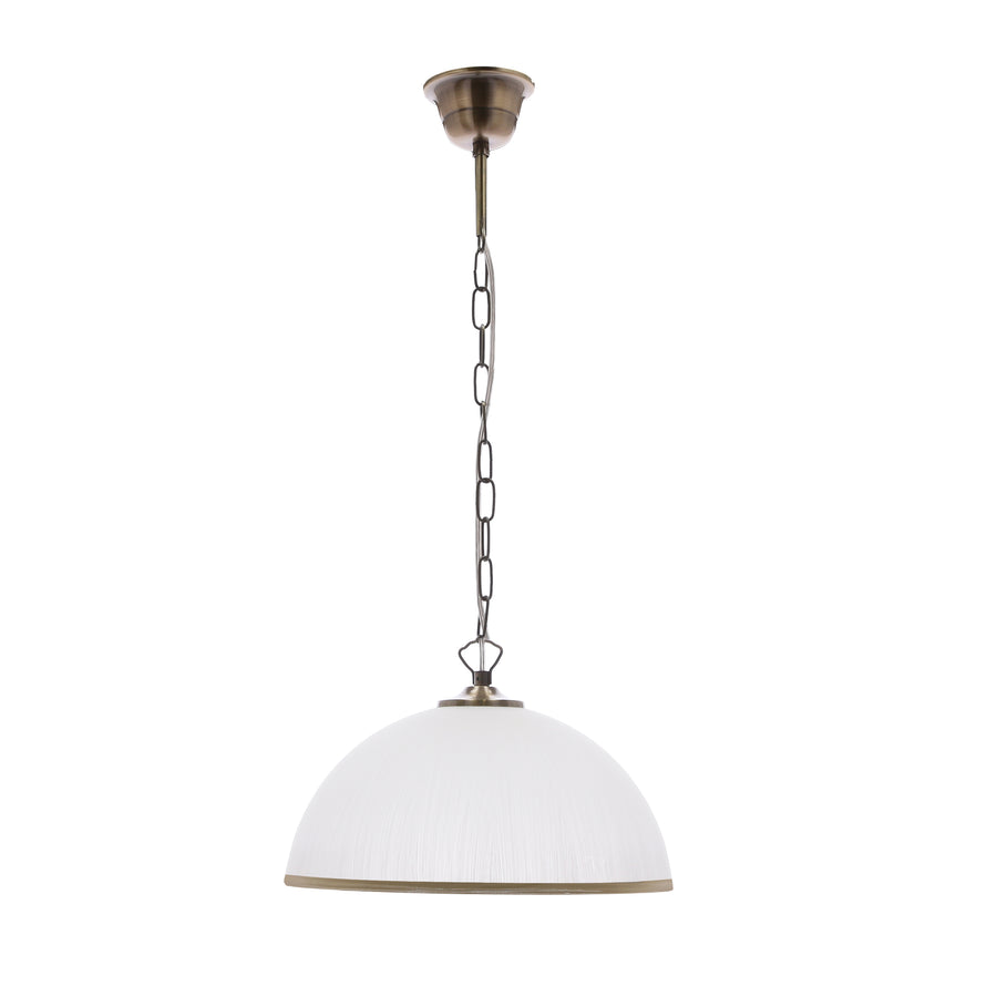 Vue de face de la suspension en verre blanc, finition bronze et liseré doré.