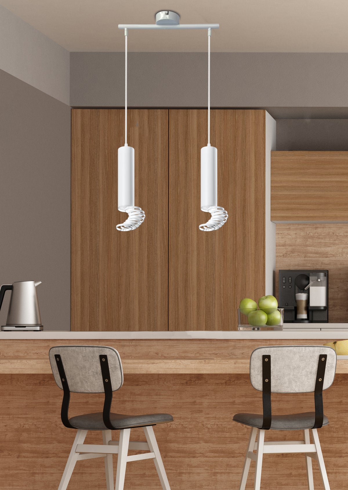 Suspension blanche à deux lumières installée au-dessus d'un îlot de cuisine