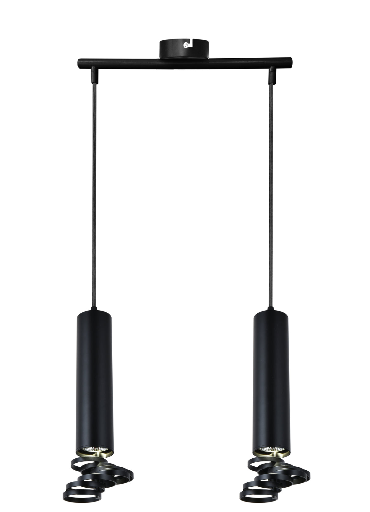 Vue de face d'une suspension noire à deux tubes cylindriques verticaux
