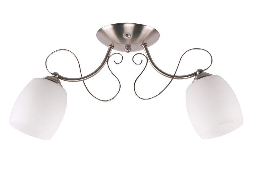 Luminaire deux lumières de face, bras chromés recourbés et verres opalins blancs