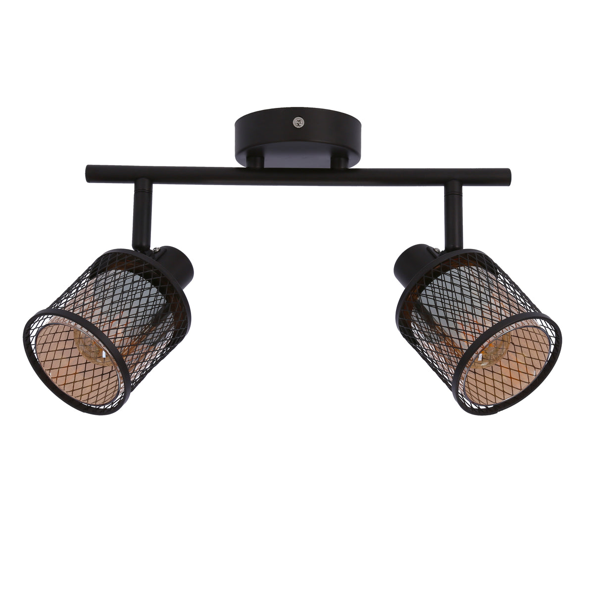 Vue rapprochée du plafonnier noir, montrant les deux cages cylindriques et ampoules ambrées.