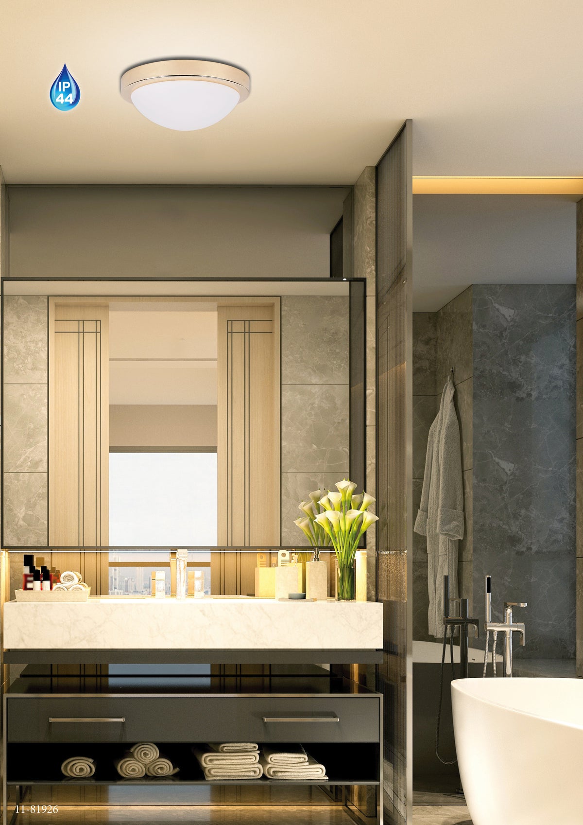 Mise en ambiance du plafonnier doré installé au plafond d'une salle de bain contemporaine