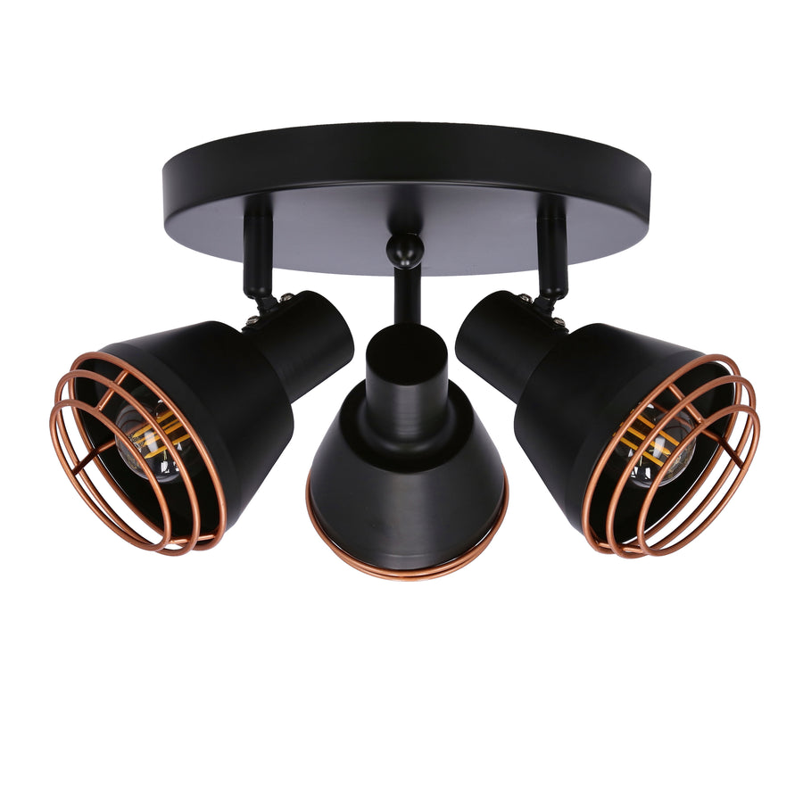 Luminaire noir trois spots orientables avec cages cuivrées sur fond blanc