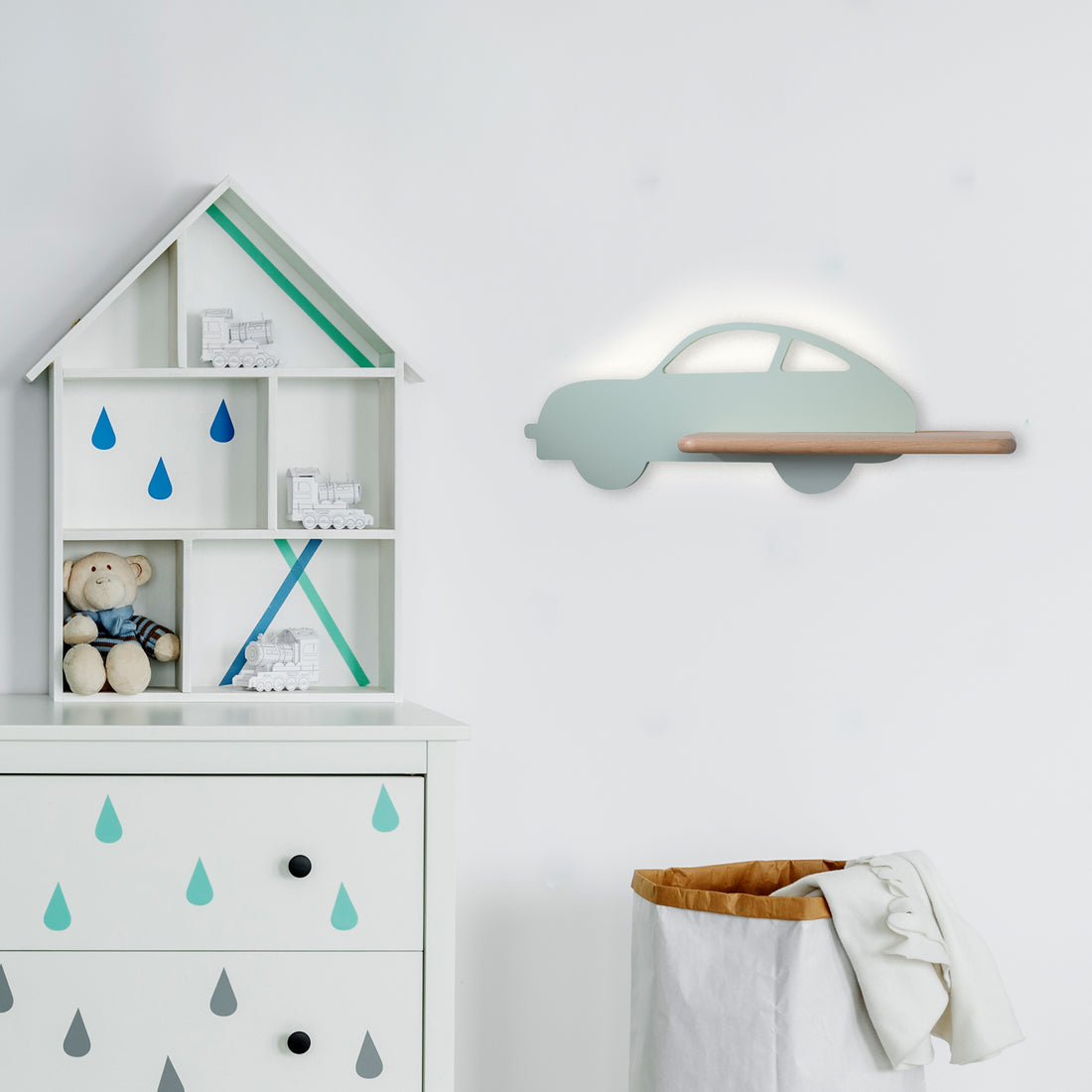 Applique murale LED Car pour chambre d'enfant verte, bois