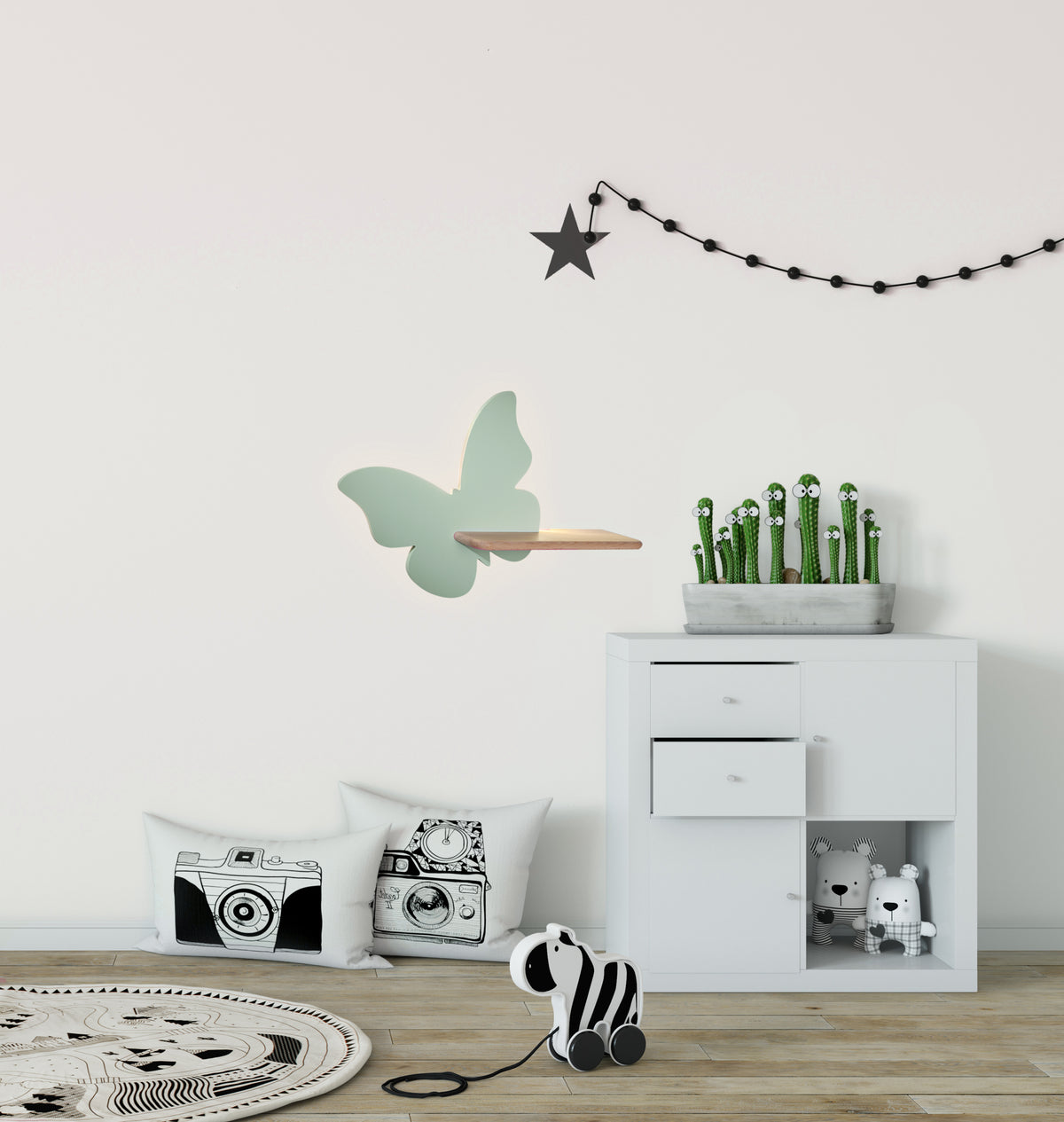 Applique murale LED Butterfly pour chambre d'enfant verte, bois