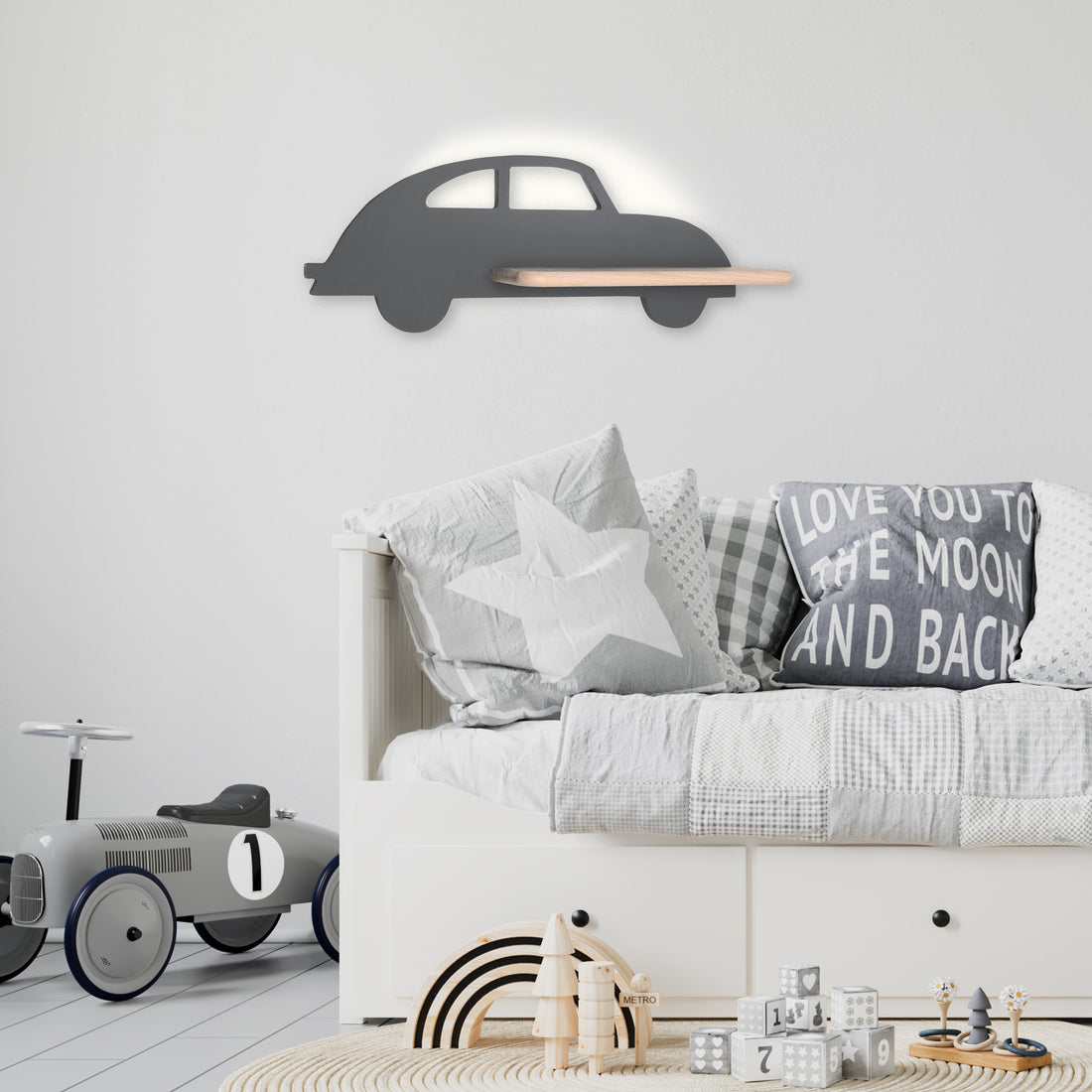 Applique murale LED Car pour chambre d'enfant grise, bois