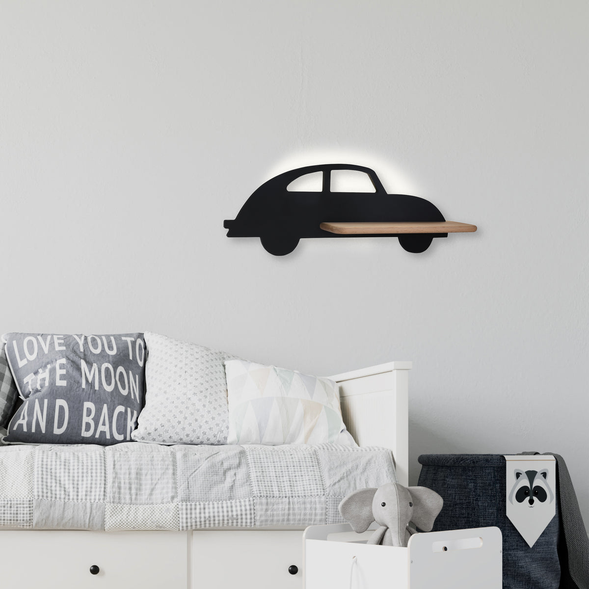 Applique murale LED Car pour chambre d'enfant noire, bois