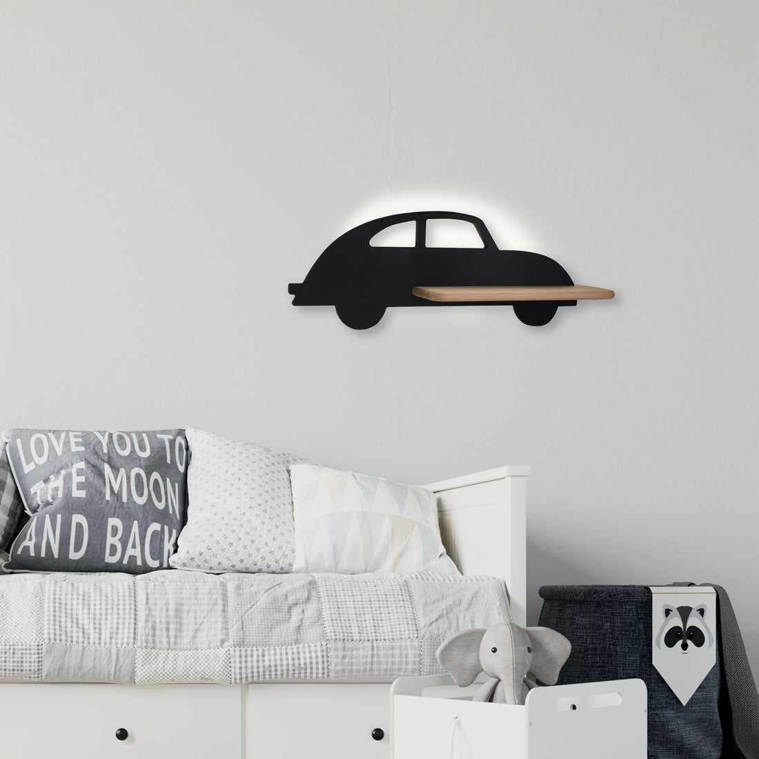 Applique murale LED Car pour chambre d'enfant noire, bois