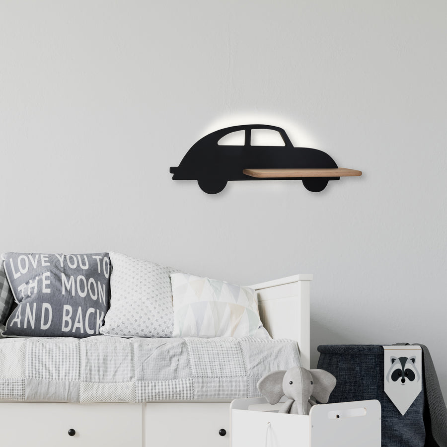 Applique murale LED Car pour chambre d'enfant noire, bois