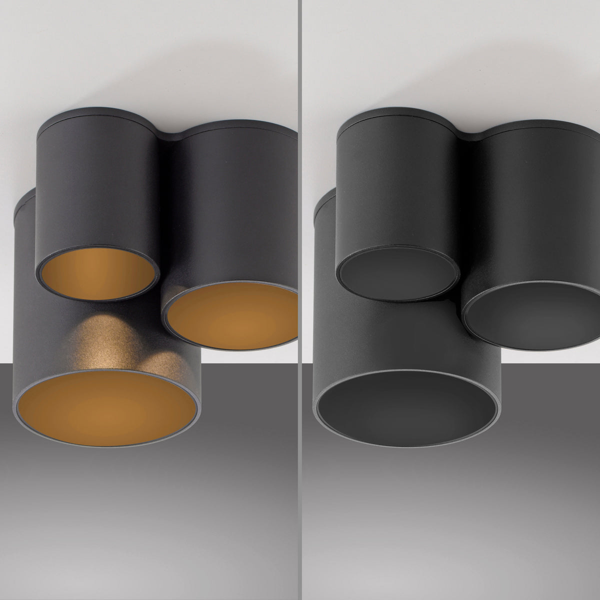 Comparaison côte à côte montrant intérieur doré à gauche et intérieur noir à droite.