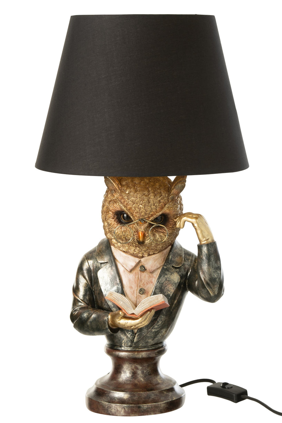 Lampe à poser hibou en polyrésine marron et or antique, avec abat-jour