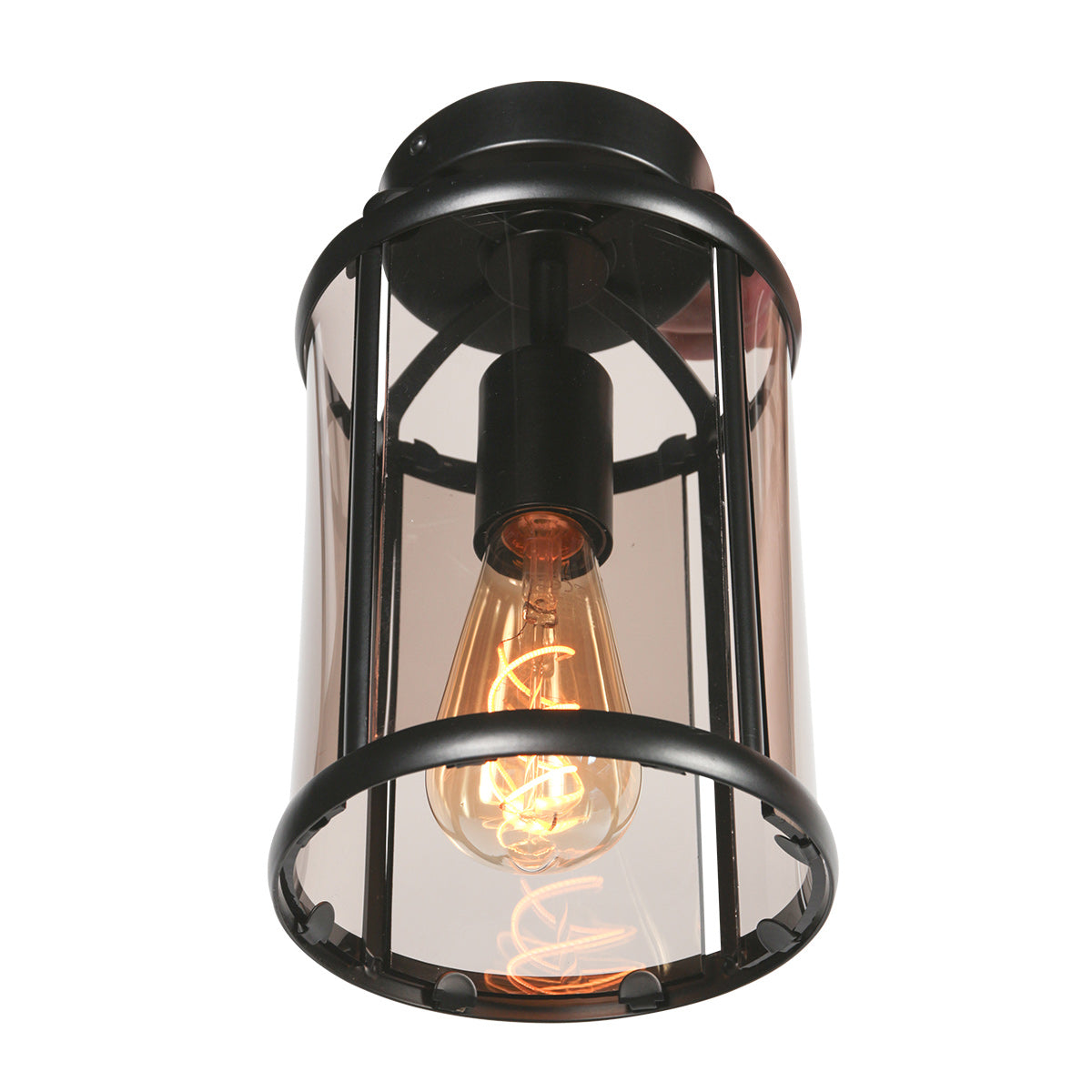 Luminaire vu de trois quarts montrant le pavillon rond fixé au plafond