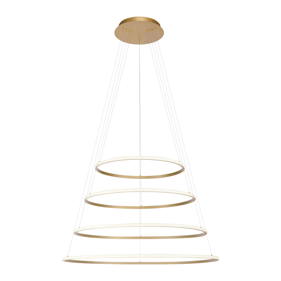 Vue de face sur fond blanc d'une suspension à quatre anneaux dorés superposés.