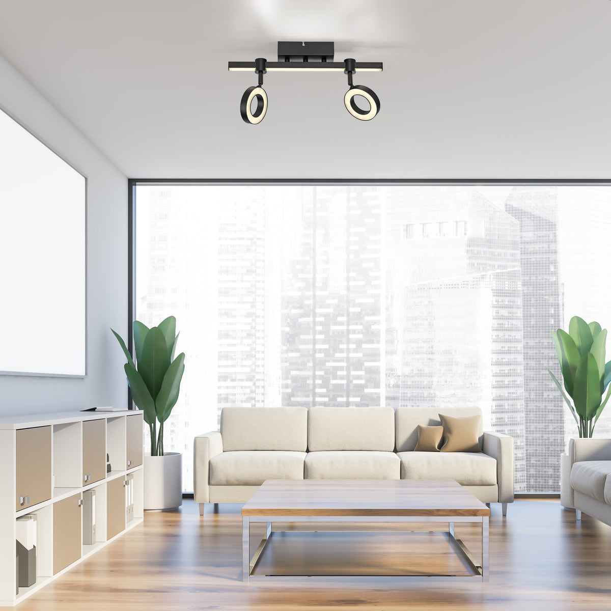 Mise en ambiance dans un salon clair, luminaire fixé au plafond blanc