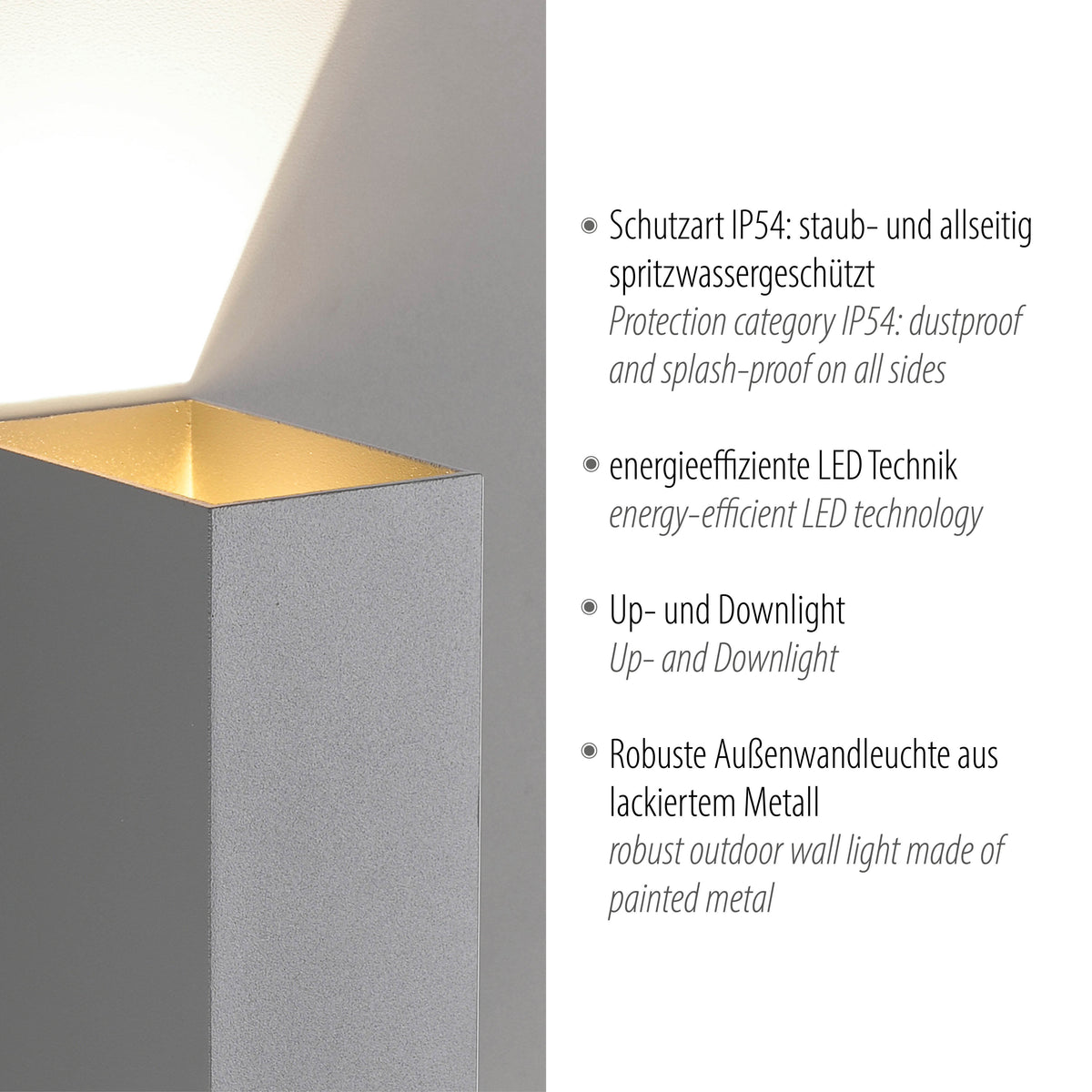 Détail de l'intérieur doré accompagné d'un texte sur IP54, LED et up-downlight.