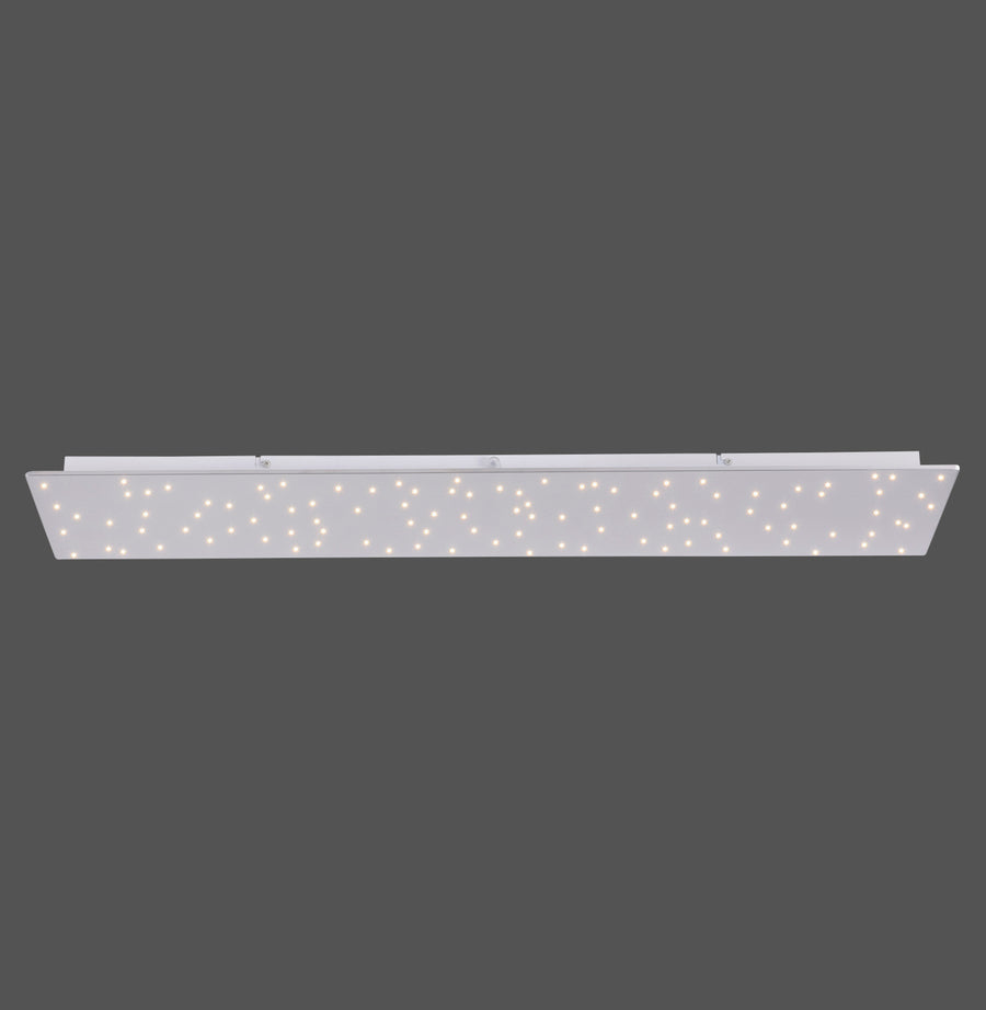 Plafonnier rectangulaire blanc vu de face, motif de points lumineux scintillants