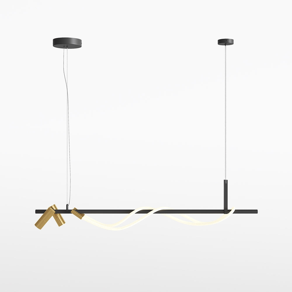 Suspension horizontale noire avec raccord doré et tube LED ondulant dessous