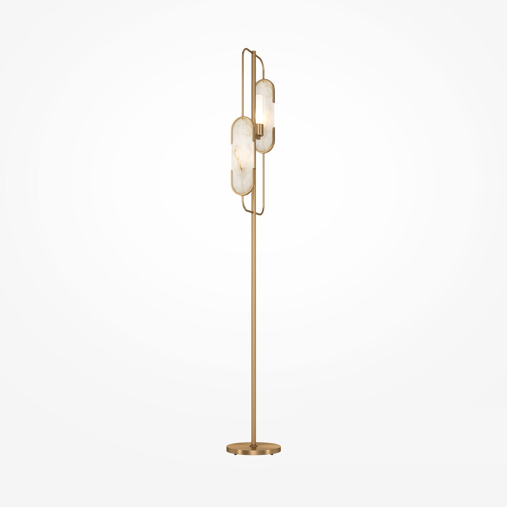 Lampadaire doré fin surmonté de deux disques ovales en albâtre
