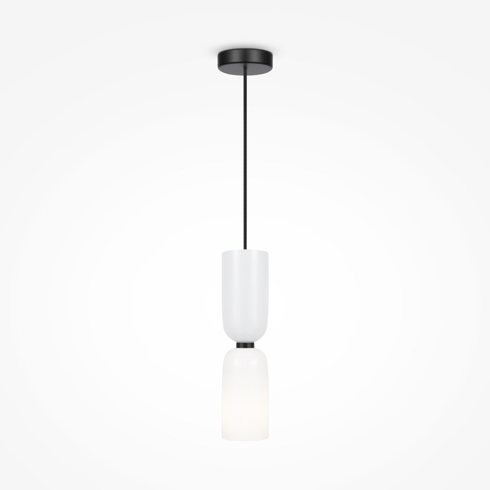 Suspension à deux abat-jours cylindriques en verre opalin blanc empilés, câble noir