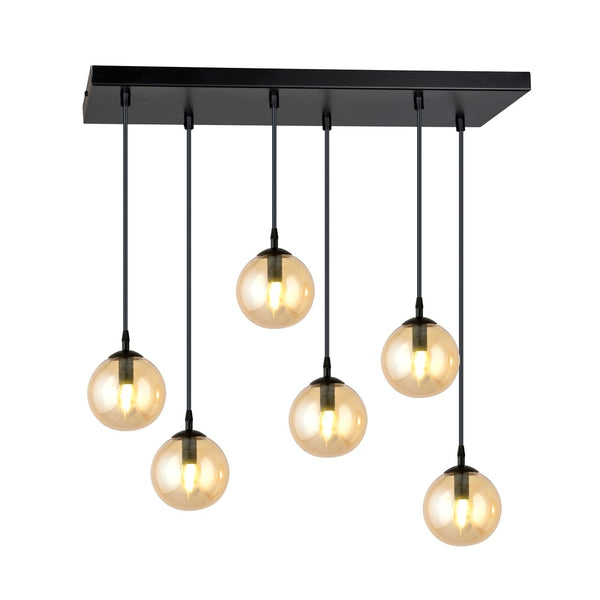 Cosmo Pendelleuchte, 6-flammig, schwarz, bernsteinfarbenes Glas