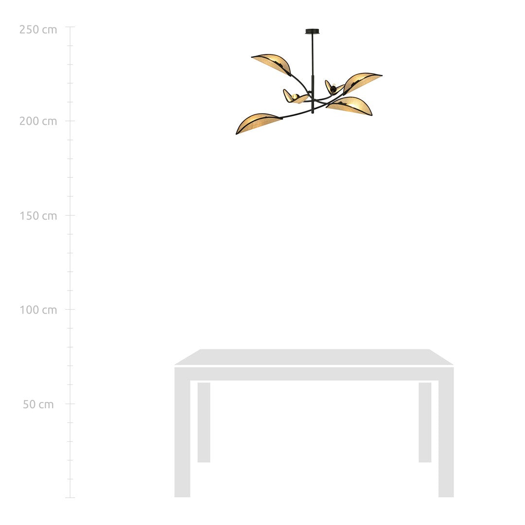 Schéma de dimensions avec repères de hauteur, suspension noire installée au-dessus d'une table.