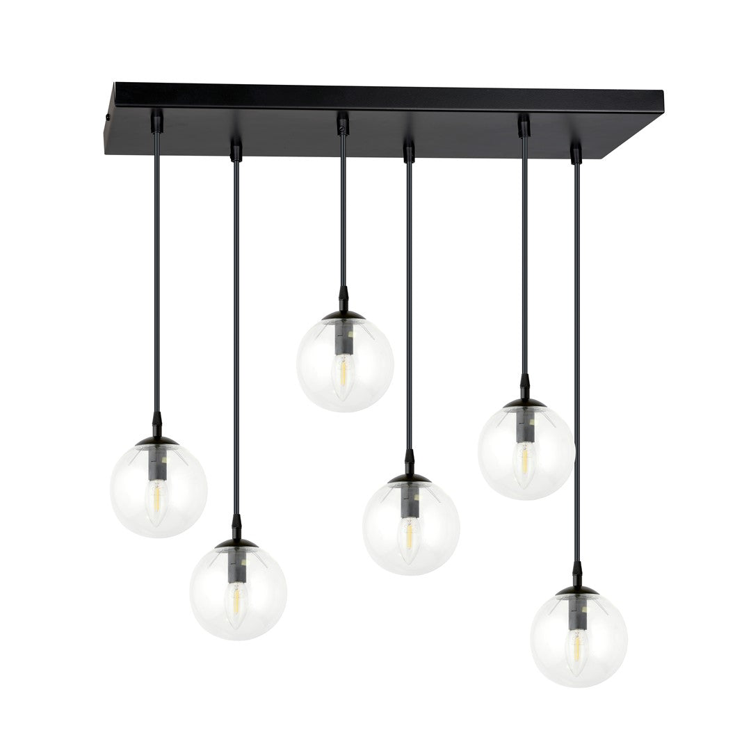 Luminaire entier de face, câbles noirs et boules de verre clair allumées