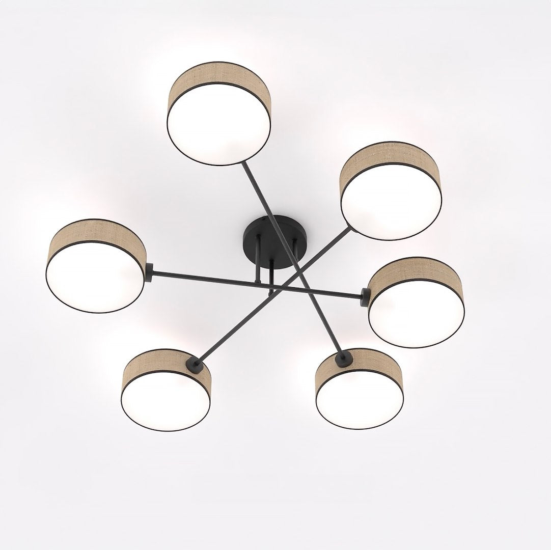 Vue de dessous du luminaire montrant la structure métallique noire en croix et six diffuseurs