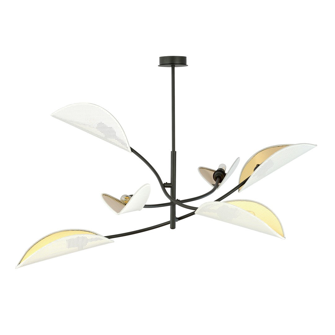 Vue de face du luminaire, bras courbes noirs et diffuseurs en forme de feuilles.