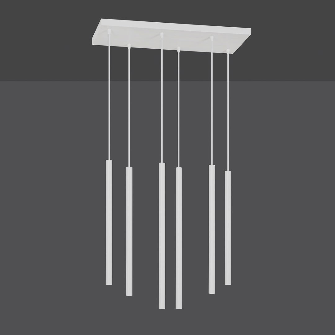 Vue de face du luminaire suspendu blanc avec six longs tubes verticaux.