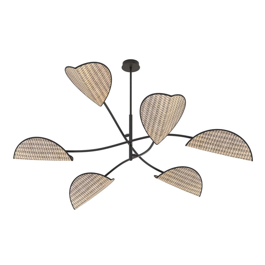 Autre angle du luminaire suspendu, mettant en valeur la structure métallique noire et les abat-jours tissés.