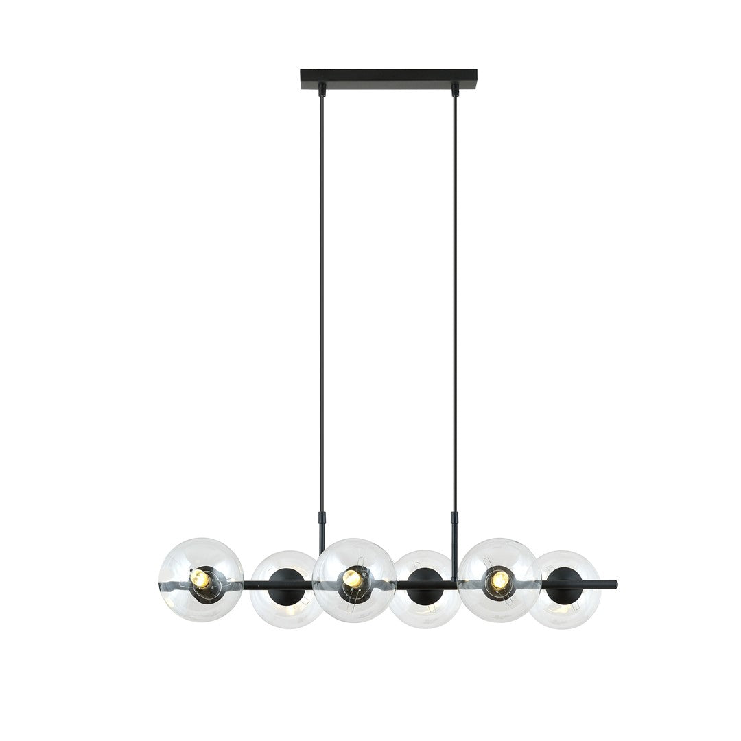 Vue d'ensemble du luminaire avec deux tiges de suspension et platine de fixation au plafond
