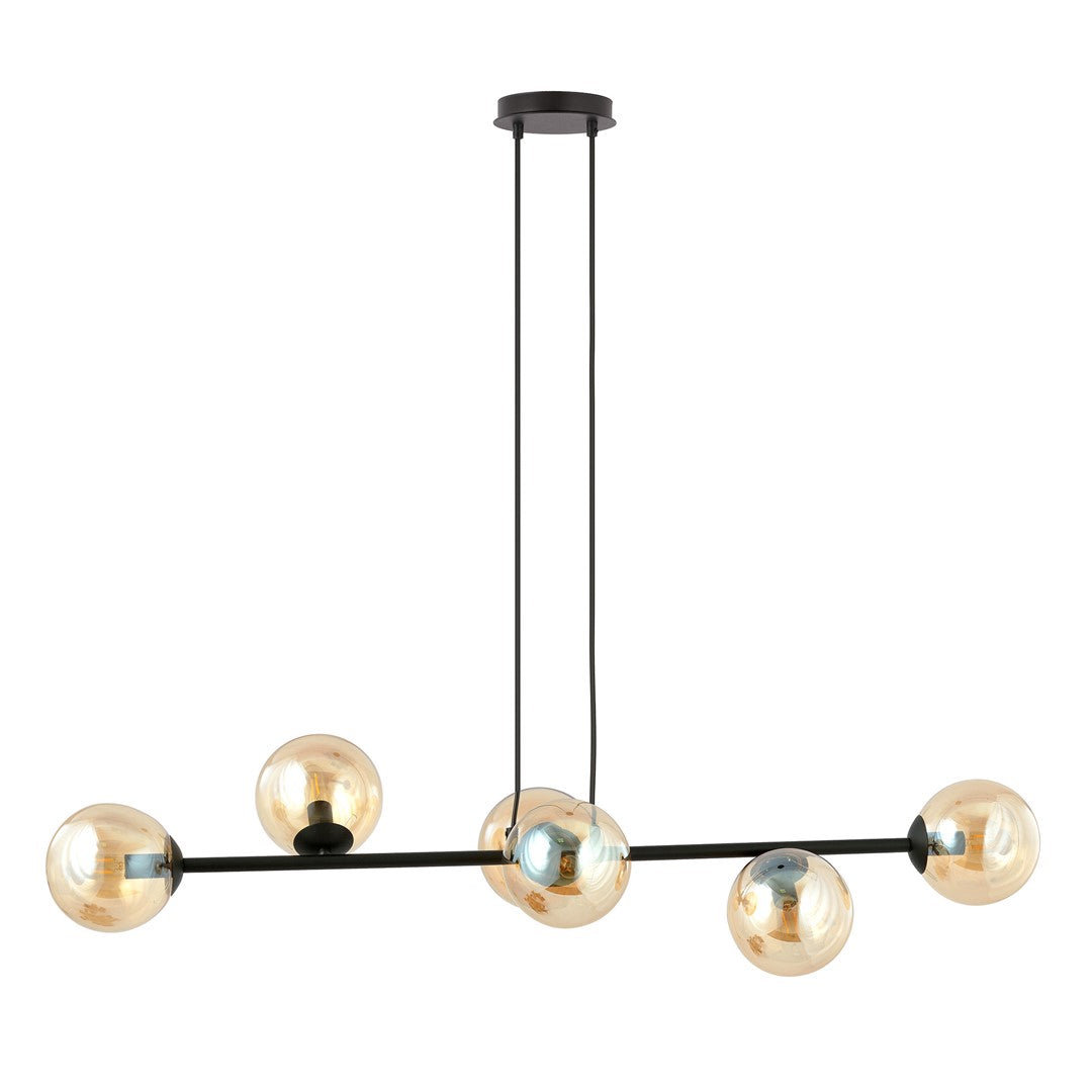 Produit présenté de trois quarts, barre horizontale noire supportant six globes ambrés