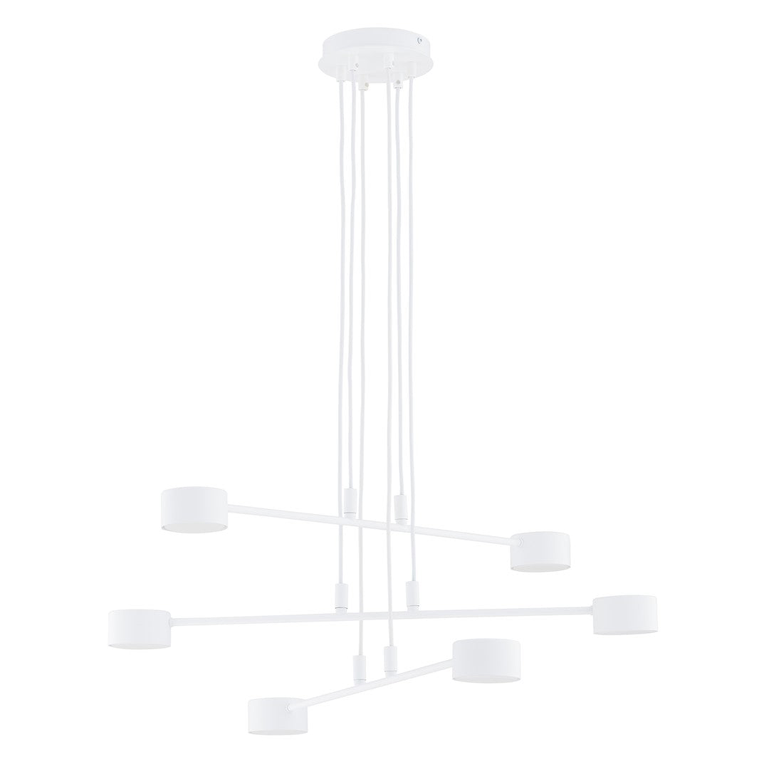 Vue de face du luminaire blanc, six tiges fines et diffuseurs cylindriques
