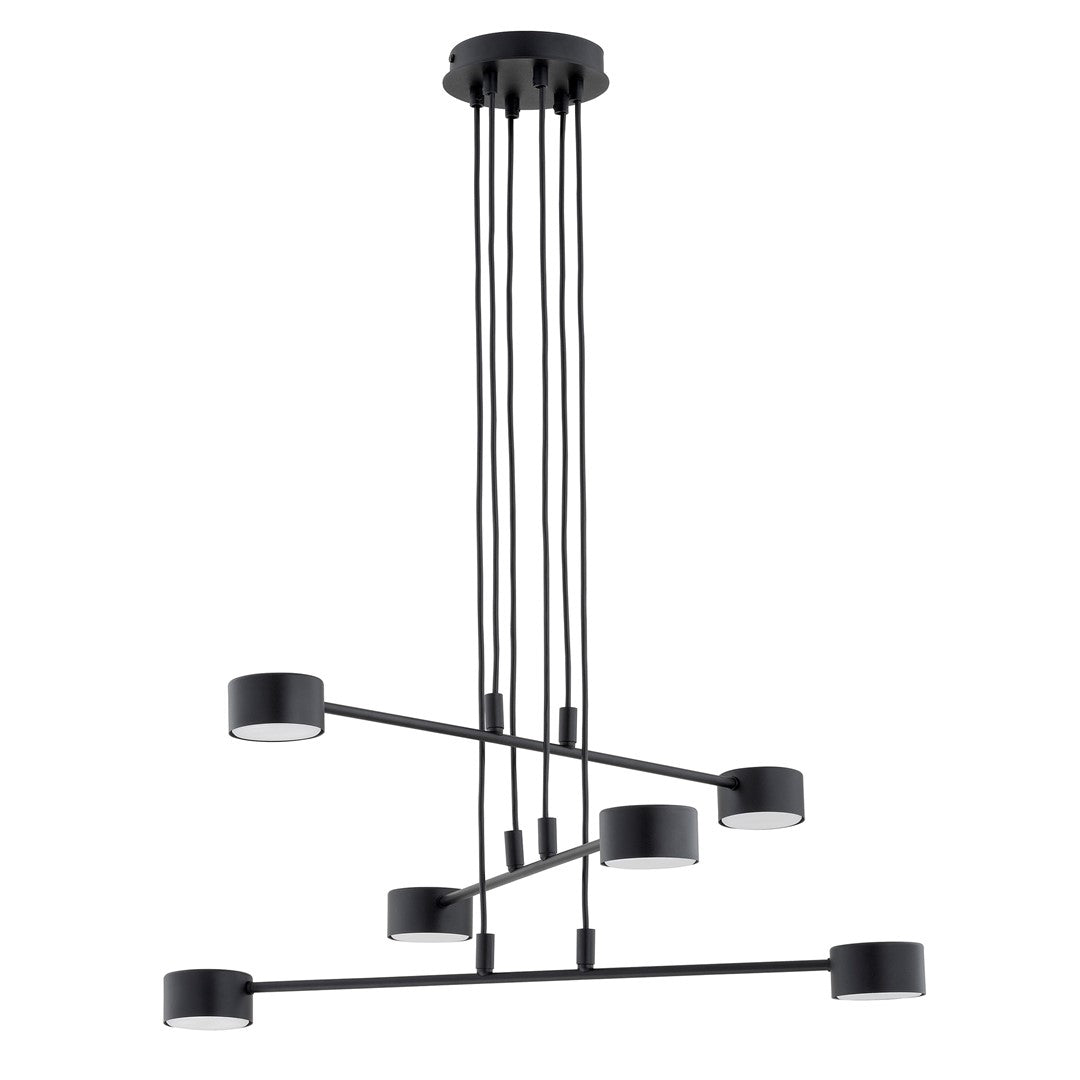 Vue d'ensemble du luminaire noir suspendu, six têtes cylindriques à plusieurs niveaux, fond blanc.