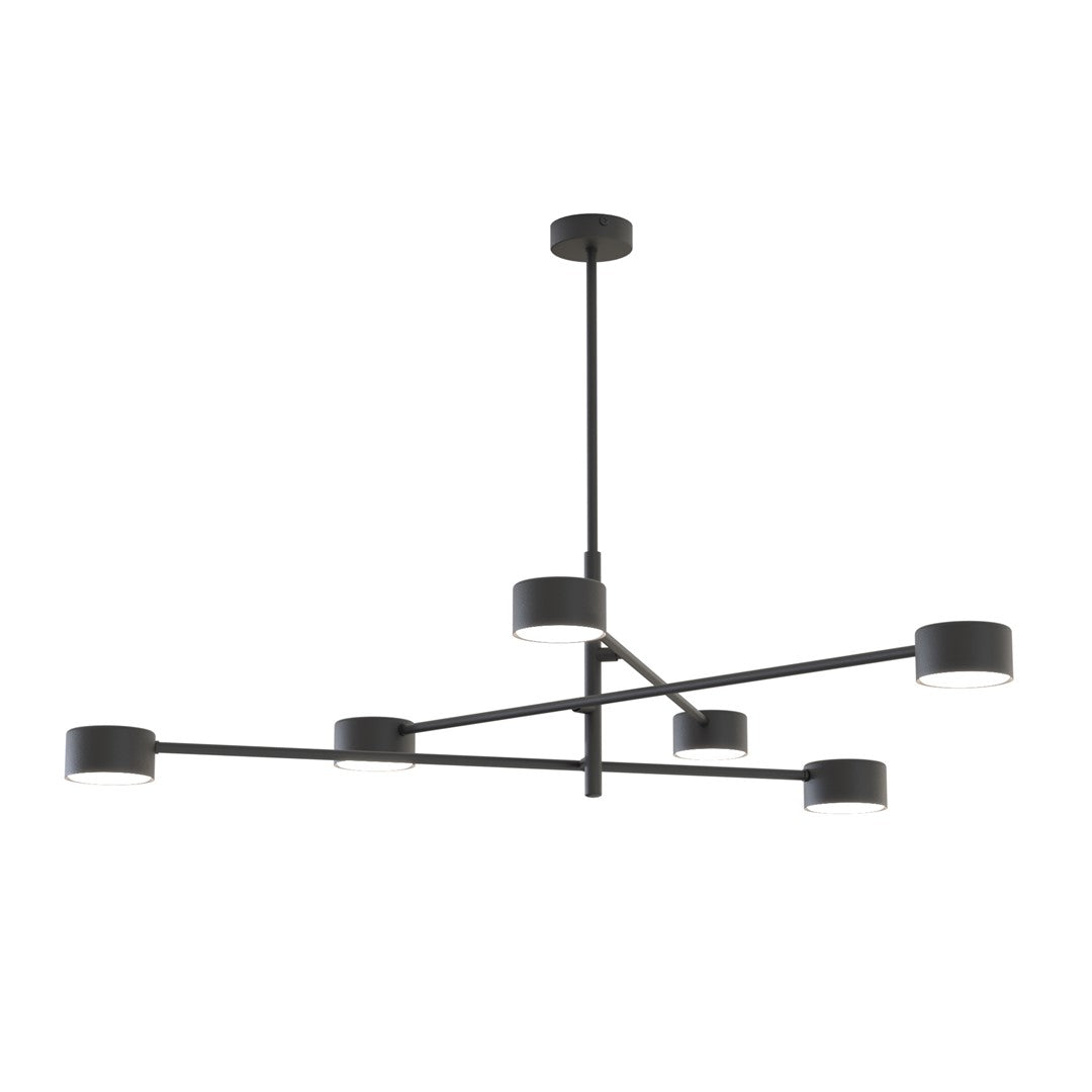 Vue de profil du luminaire, montrant la tige centrale et les six bras noirs.
