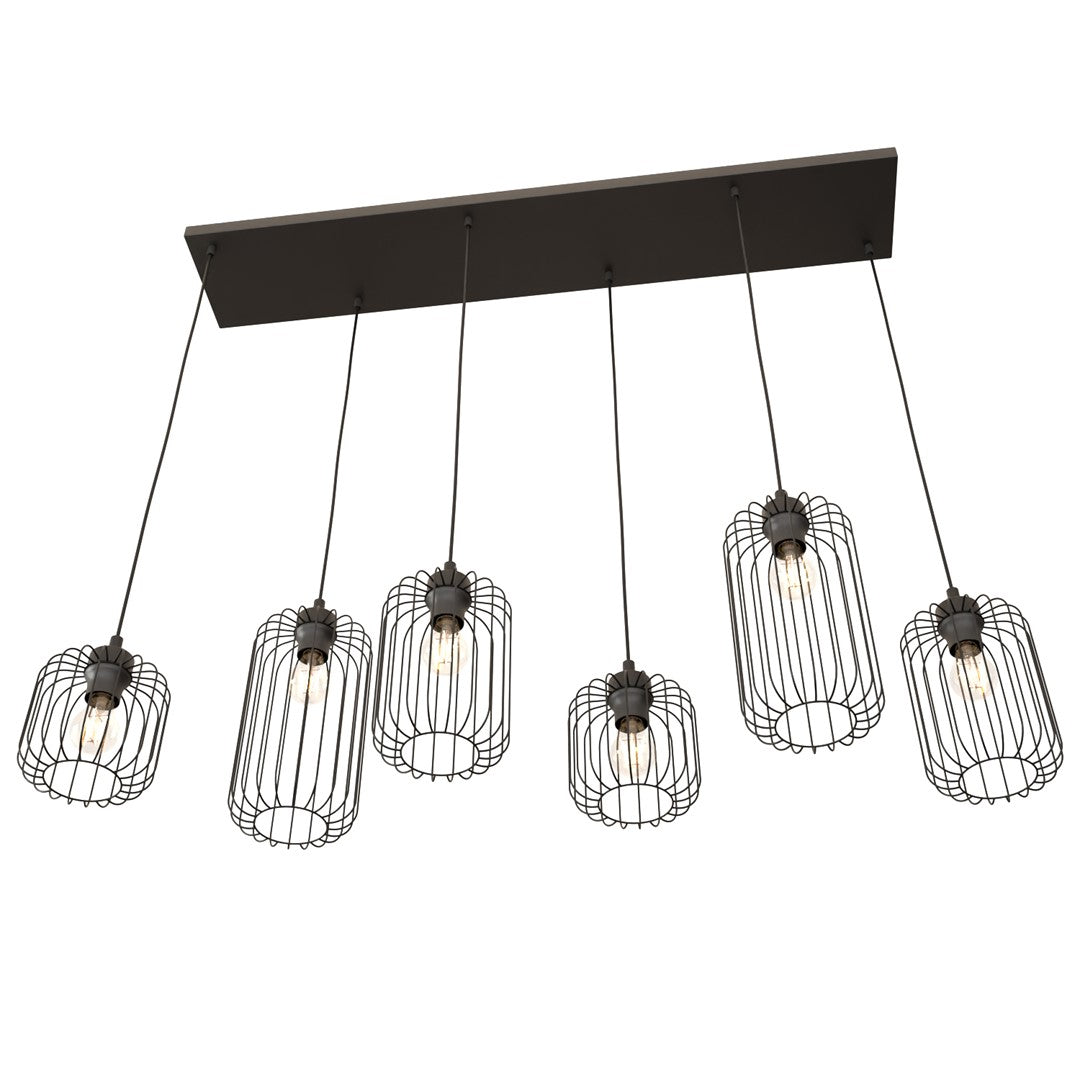 Vue en légère plongée du luminaire à six abat-jours cages, ampoules visibles, fond blanc.